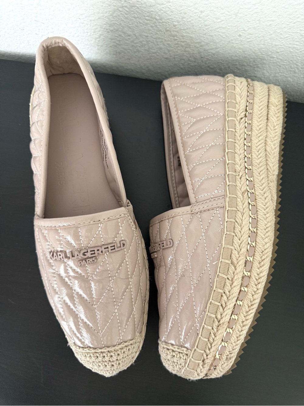 KARL LAGERFELD PARIS Desta Quilted Leather Slip-On Espadrille Platform Flat